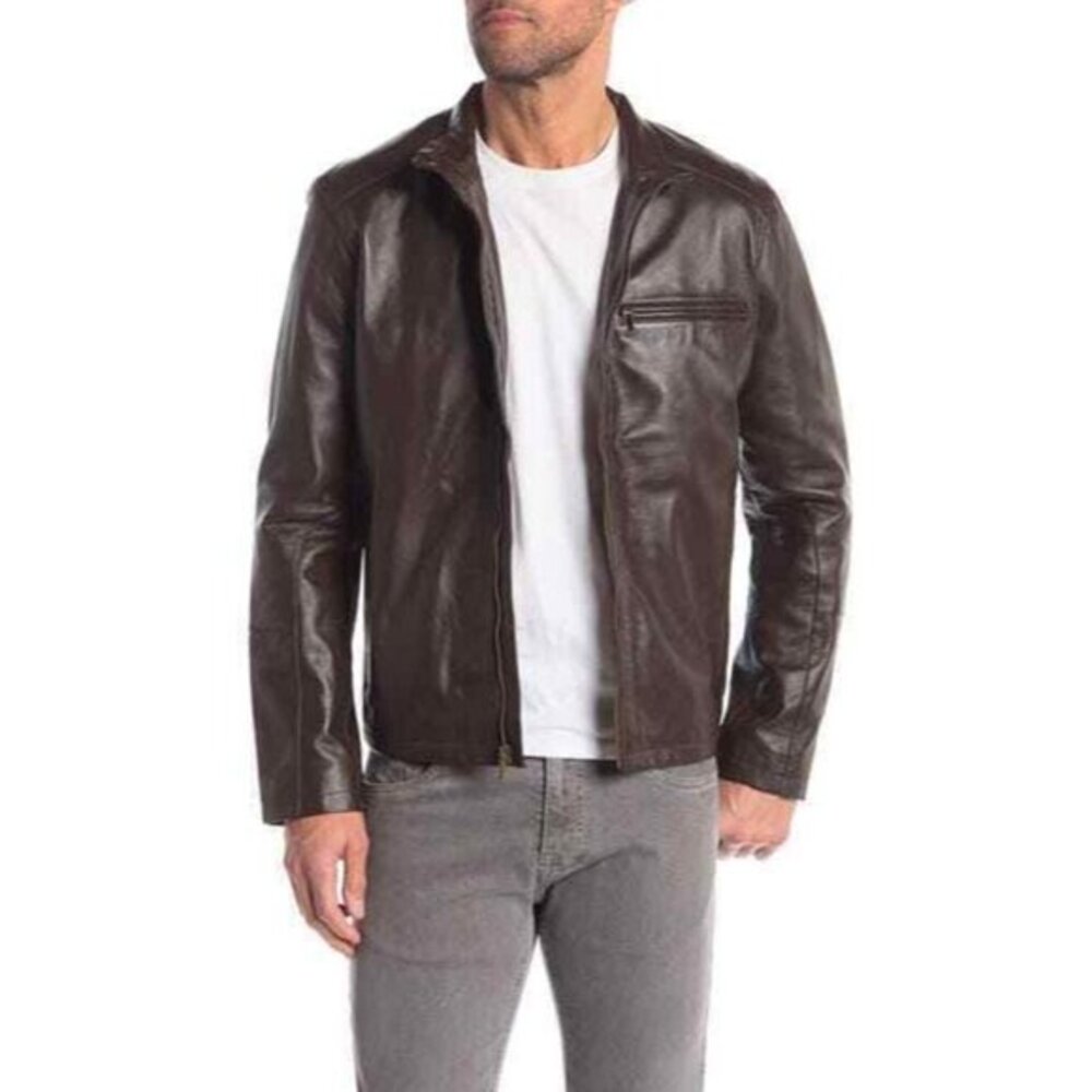 Cole Haan Brown Java Smooth Leather Moto Jacket Mens SZ S/P NWT